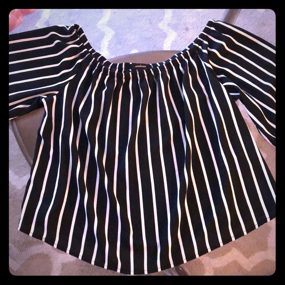 Off shoulder black and white vertical striped top